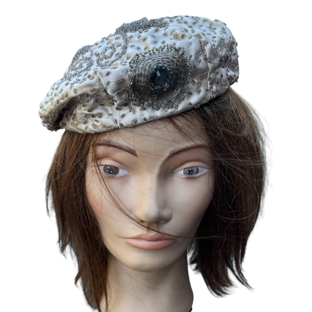 Vintage Hand Beaded Satin Beret Pillbox Hat Champagne Silver Rhinestone